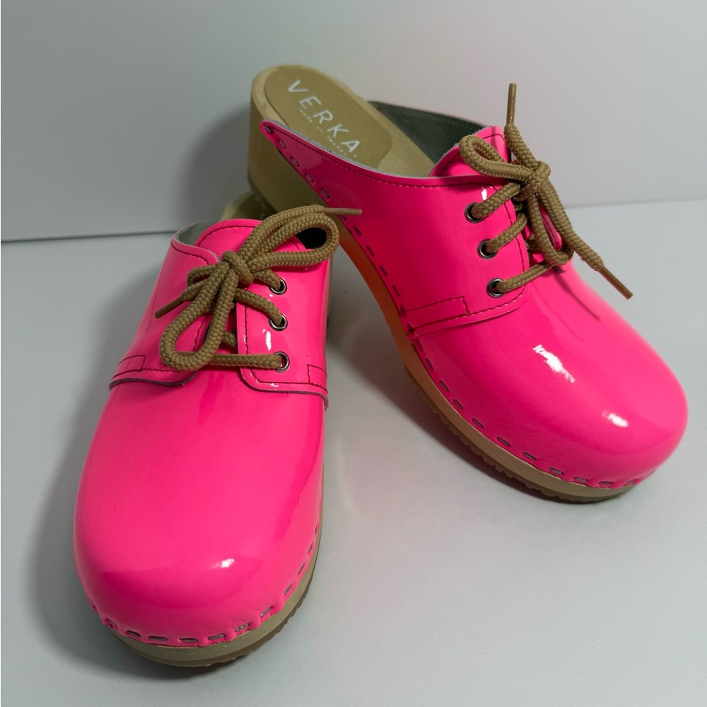 Verka-Rosett, Neon Pink, Patent Leather, Wooden Heel, Boho, Clogs. Sz-38/Size-7